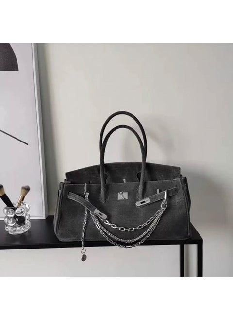 Zhang Yue Same Style Platinum Plaid Canvas Tote Bag Large Capacity Vintage Single Shoulder Bag Trendy Top-Handle Bag Dark gray (with chain)