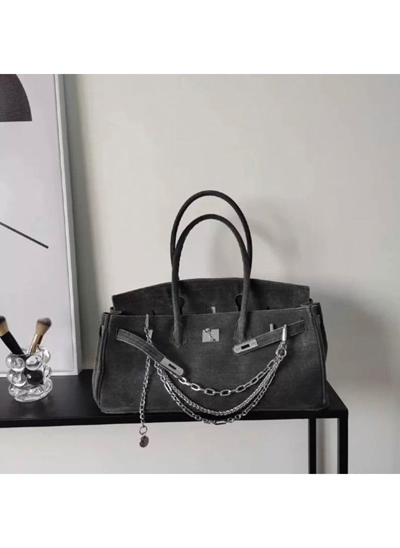 Zhang Yue Same Style Platinum Plaid Canvas Tote Bag Large Capacity Vintage Single Shoulder Bag Trendy Top-Handle Bag Dark gray (with chain)
