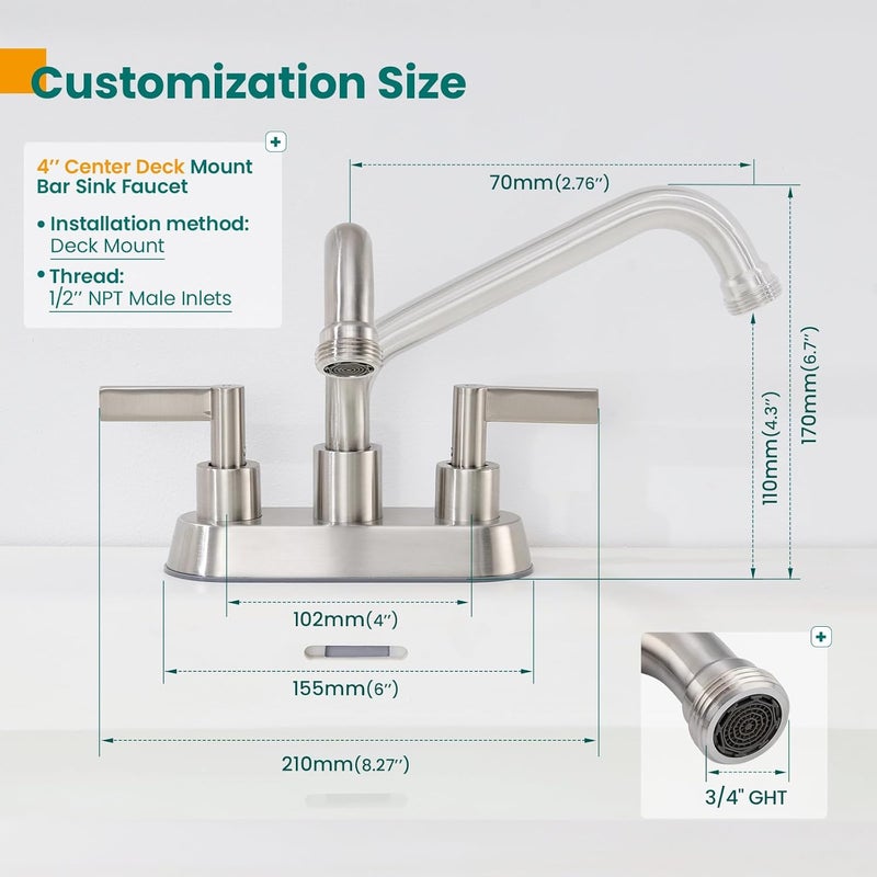 KroBer 4 Inch Centerset Laundry Faucet, 2 or 3 Hole Deck Mount, Brushed Nickel Utility Sink Faucet with 360° Swivel Spout and 3/4'' Thread End Garden Hose Adapter - Image 2