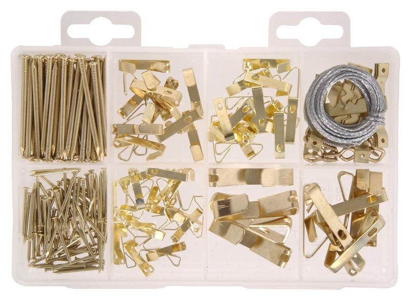 OOK 536165 Assorted Picture Hangers Kit Heavy Duty Art Hooks Steel Brass 10lbs 100lbs 200 PieceWhite