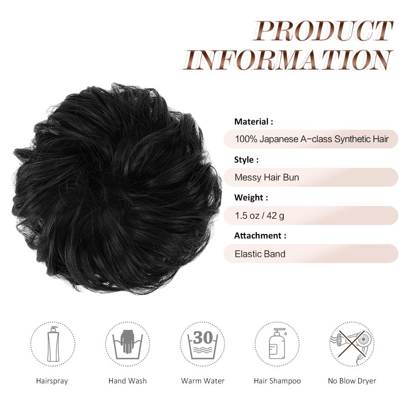 FESHFEN Messy Bun Hair Piece - Wavy Synthetic Chignon Scrunchies for Instant Volume, Elastic Bun Ponytail Hair Extensions Thick Hairpieces for Women, Natural Black 1.50 oz - Image 4