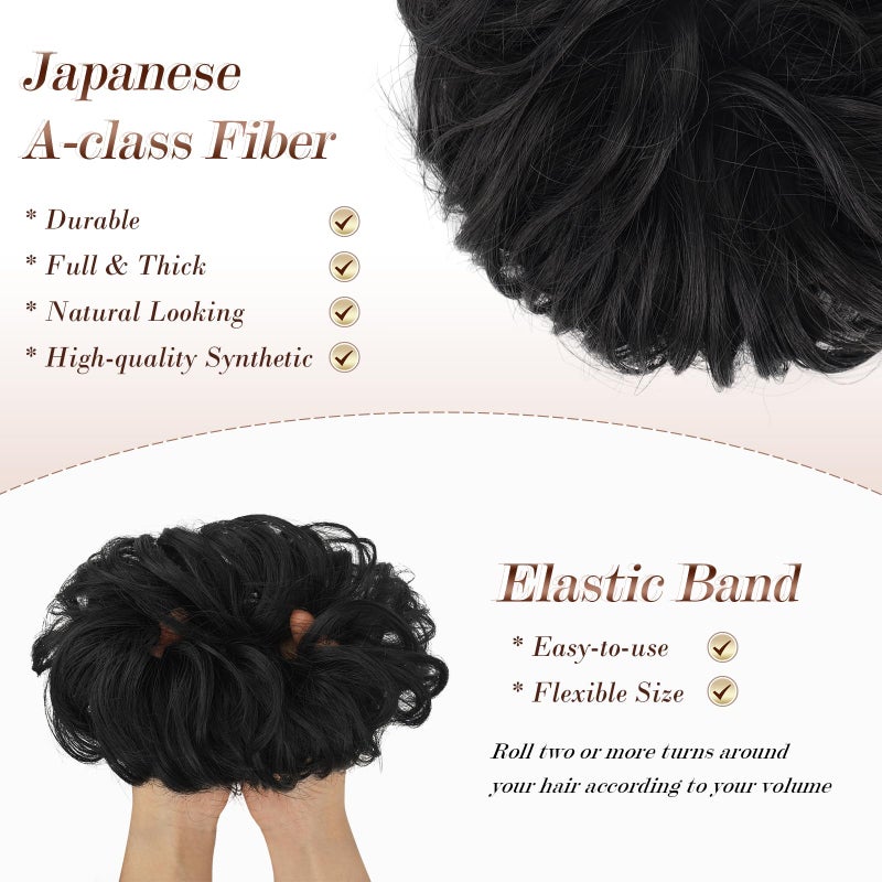 FESHFEN Messy Bun Hair Piece - Wavy Synthetic Chignon Scrunchies for Instant Volume, Elastic Bun Ponytail Hair Extensions Thick Hairpieces for Women, Natural Black 1.50 oz - Image 3