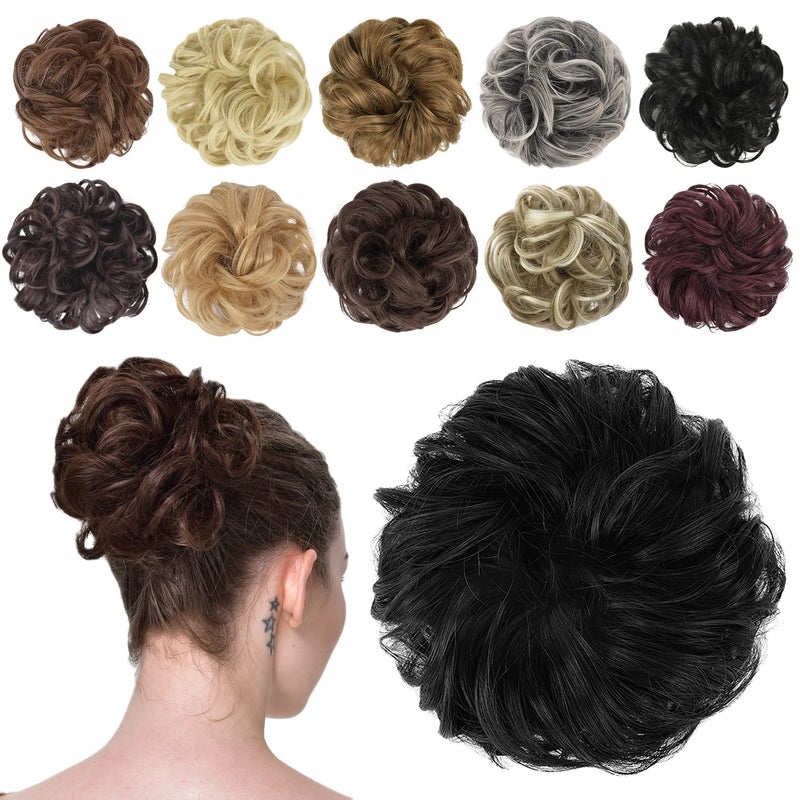 FESHFEN Messy Bun Hair Piece - Wavy Synthetic Chignon Scrunchies for Instant Volume, Elastic Bun Ponytail Hair Extensions Thick Hairpieces for Women, Natural Black 1.50 oz - Image 1