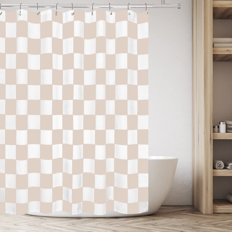 Tititex Aesthetic Checkerboard Grid Pattern Faux Linen Fabric Shower Curtain White Cream Modern Shower Curtain Sets Decoration 71x71 Inch with 12 Hooks
