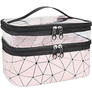 SIMXEN Makeup Bags Double Layer Travel Cosmetic Cases  Makeup Organizer Toiletry Bags  Cosmetic Pouch for Women Travel Storage Toiletry Pouch with Elastic Band and 2 Zipper  Pink - Image 1