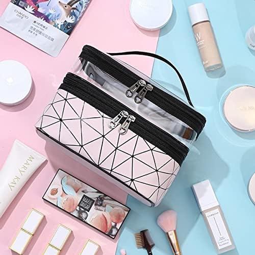SIMXEN Makeup Bags Double Layer Travel Cosmetic Cases  Makeup Organizer Toiletry Bags  Cosmetic Pouch for Women Travel Storage Toiletry Pouch with Elastic Band and 2 Zipper  Pink - Image 4