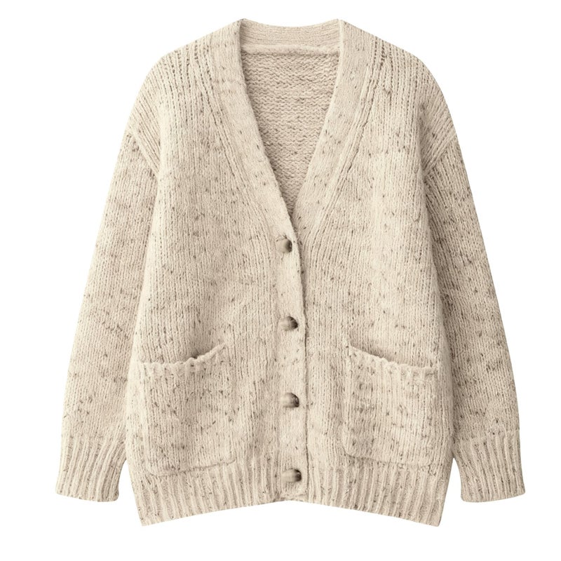 Xunger Women's Oversized Retro Polka Dot Knit Cardigan Soft Loose-Fit Long Sleeve Open Front Coat with Pockets(1120-Beige-M-RD) - Image 1