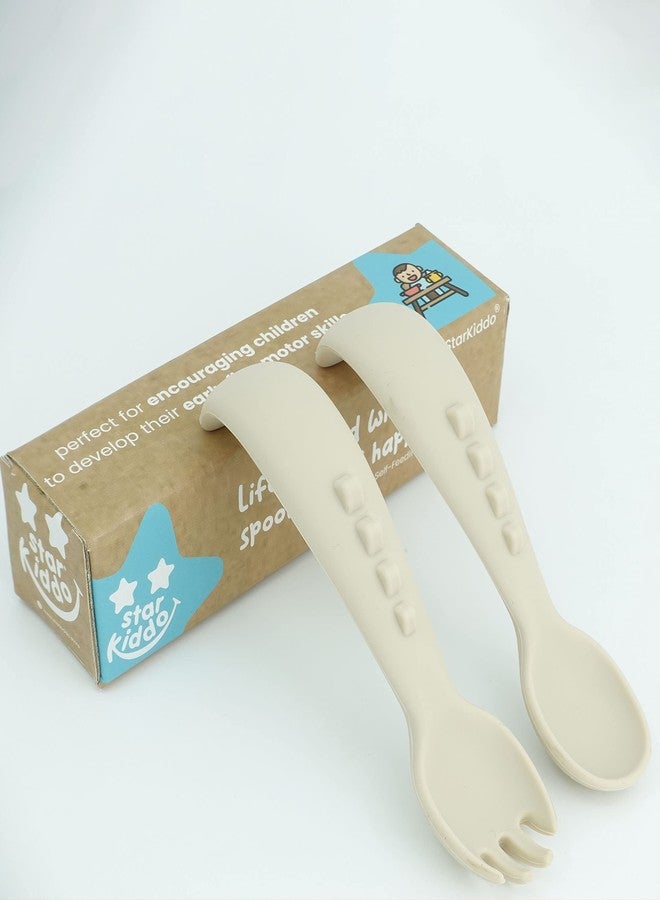 StarKiddo® Soft Silicone Spoon and Fork Set | Silicone Baby Cutlery| Baby Feeding Spoon and Fork| Training Feeding for Kids and Toddlers| BPA Free| Food Grade| Dishwasher Safe (Beige) - Image 1