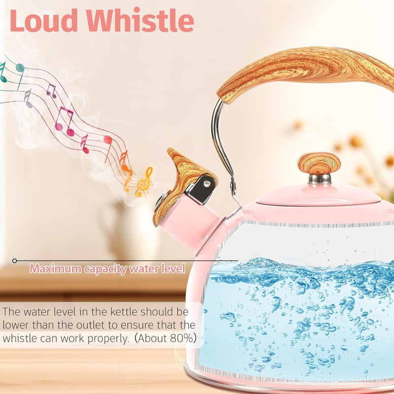 foedo Tea Kettle,Whistling Tea Kettle Stovetop 2.6 Quart, Tea Pots for Stove Top Food Grade Stainless Steel,Wood Pattern Handle(Pink),With Anti Scald Towel - Image 2