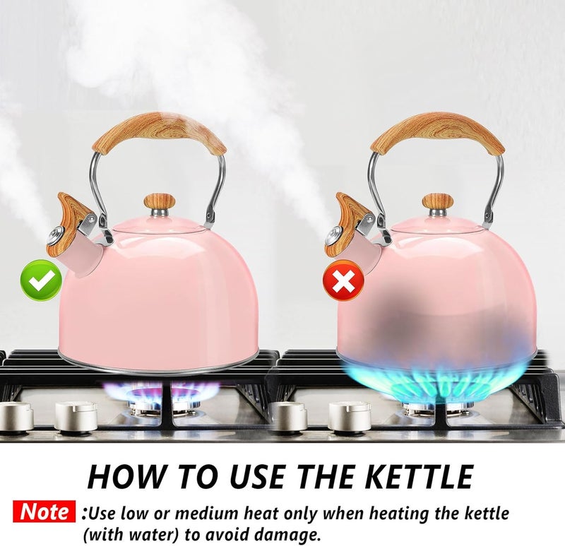 foedo Tea Kettle,Whistling Tea Kettle Stovetop 2.6 Quart, Tea Pots for Stove Top Food Grade Stainless Steel,Wood Pattern Handle(Pink),With Anti Scald Towel - Image 4