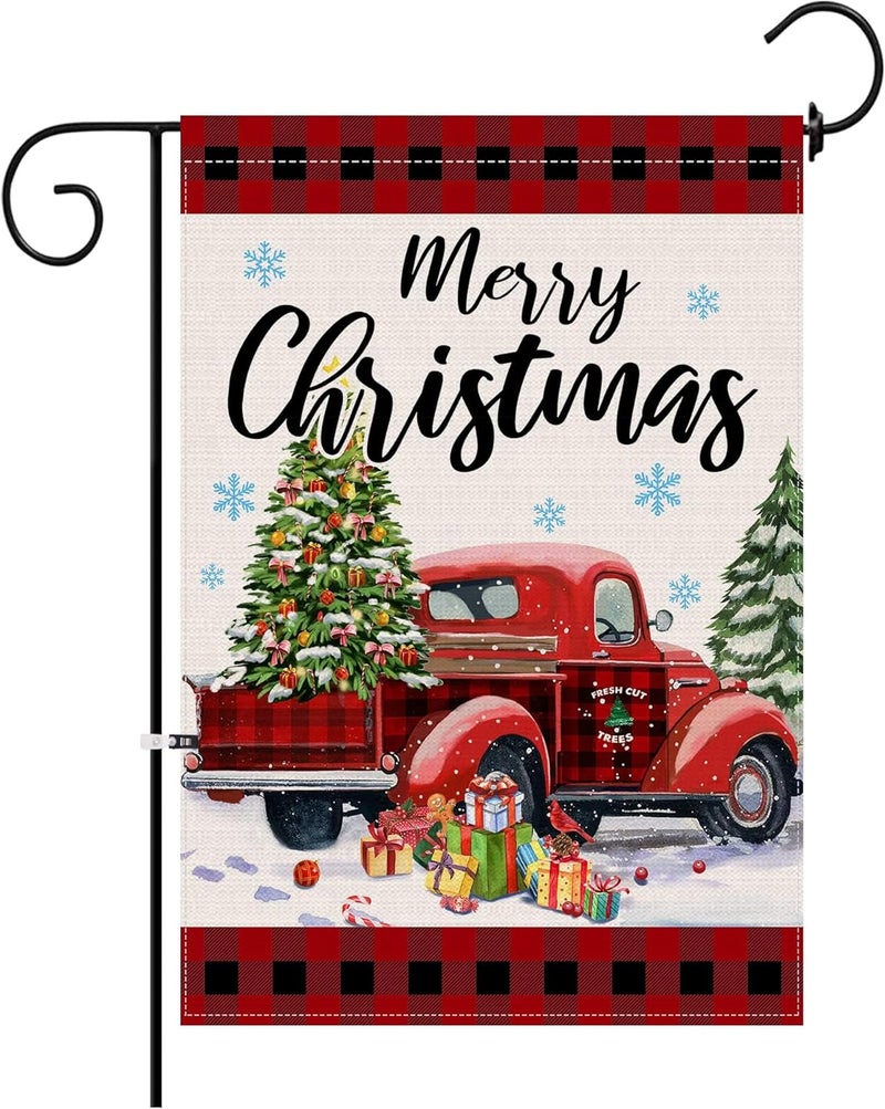 Hexagram Christmas Flag 12 x 18 Double Sided, Merry Christmas Garden Flag Red Truck Buffalo Plaid Yard Flags for Outside Home Decor Outdoor - Image 1