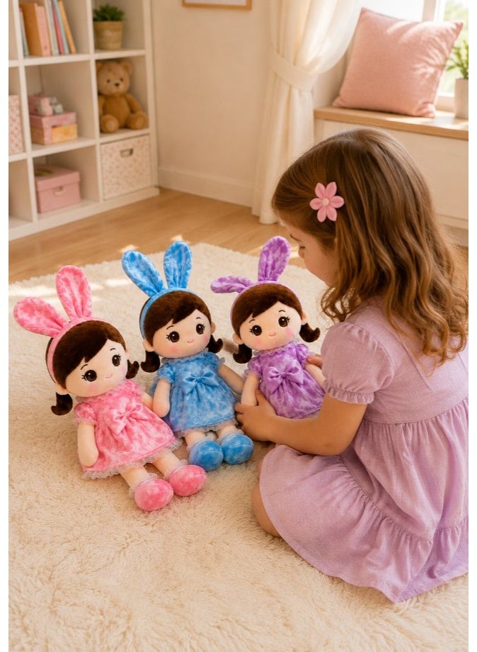 DAT Soft Plush Doll with Plaid Bunny Ears, Braided Hair & Pastel Dress 85cm – Pink, Purple, Blue - Image 4