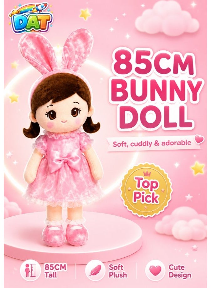 DAT Soft Plush Doll with Plaid Bunny Ears, Braided Hair & Pastel Dress 85cm – Pink, Purple, Blue - Image 1