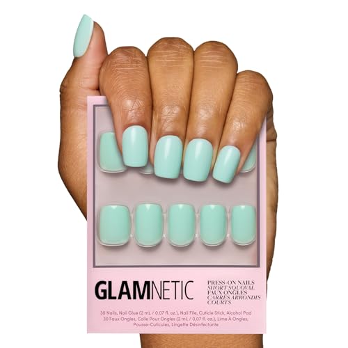 Glamnetic Press On Nails - Soft Teal | Short Squoval Light Blue Fake Nails with Glossy Finish, Salon Quality | 15 Sizes - 30 Nail Kit with Glue - Image 1