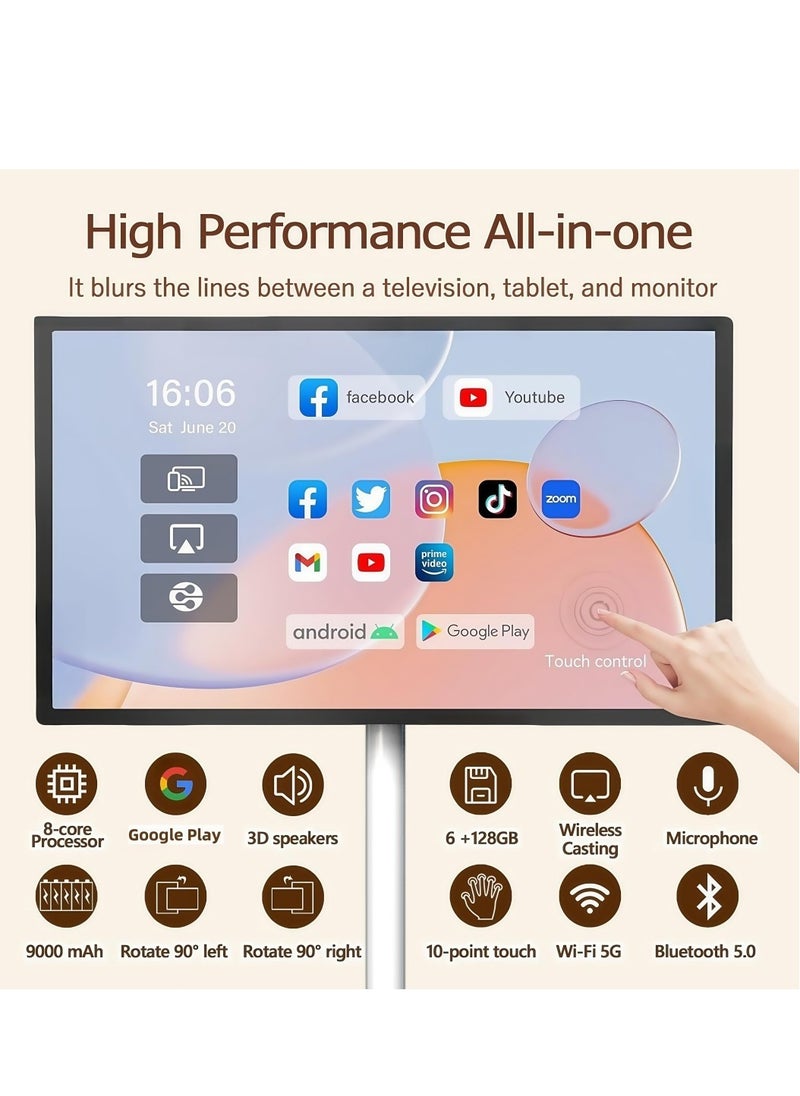 FlashHawk - 21.5-Inch Portable TV with Adjustable Floor Touch Screen Smart TV | 6G RAM+128G Storage, 6000aMh Battery 8H Video Play Time, White - Image 1