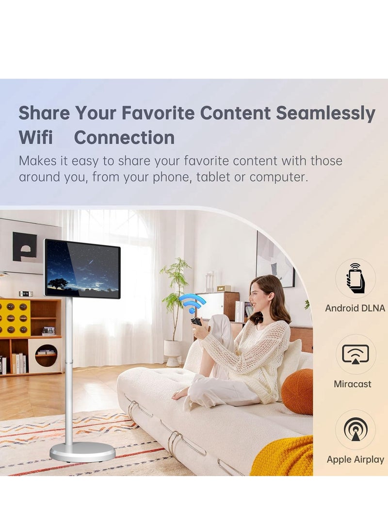 FlashHawk - 21.5-Inch Portable TV with Adjustable Floor Touch Screen Smart TV | 6G RAM+128G Storage, 6000aMh Battery 8H Video Play Time, White - Image 1