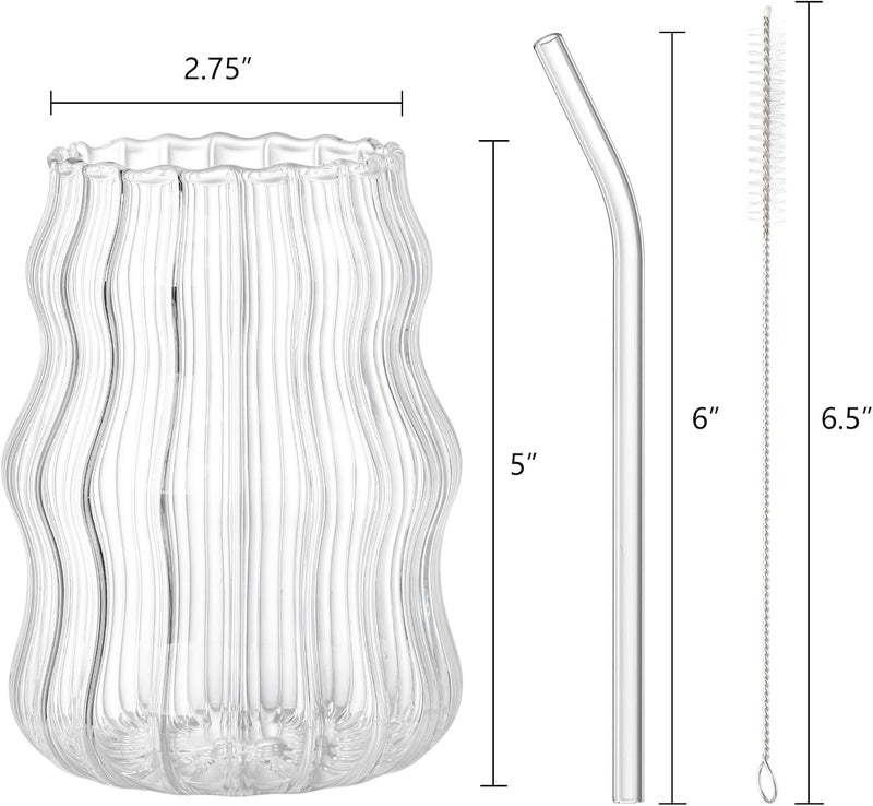 Tebery 4 Pack Ribbed Aesthetic Glass Cups with Glass Straw, 16Oz Vintage Drinking Glassware Ripple Cocktail Glasses for Iced Coffee Juice Beverage Milk RibbedGlassCups-4pc - Image 2