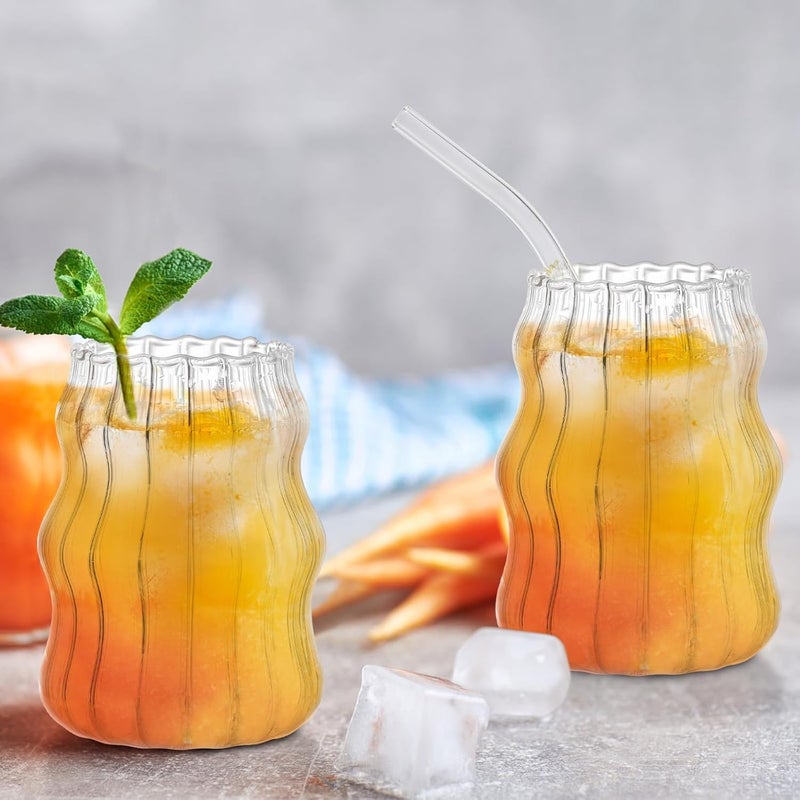 Tebery 4 Pack Ribbed Aesthetic Glass Cups with Glass Straw, 16Oz Vintage Drinking Glassware Ripple Cocktail Glasses for Iced Coffee Juice Beverage Milk RibbedGlassCups-4pc - Image 5