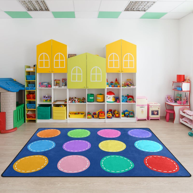 Classroom Carpets Playmat Rugs 5x7 Ft Kids Rug with Rubber Backing Colorful Circle on Blue Background Classroom Seating Rug Play Mat Nursery Rugs for Preschool Elementary Playroom 12 Seating
