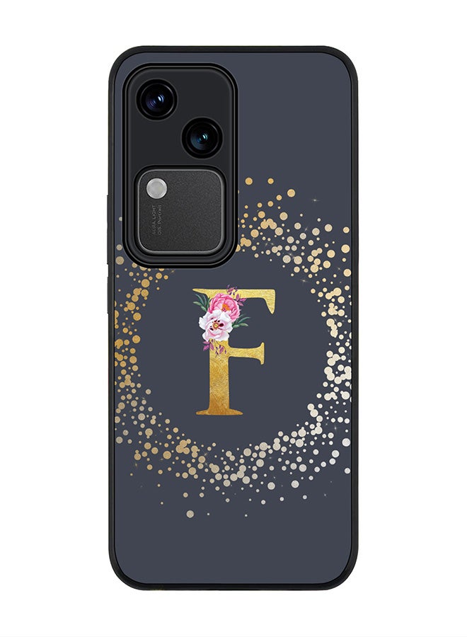 Stylizedd Rugged Black edge case for Vivo V30 5G, Slim fit Flexible Cover -  Custom Monogram Initial Letter Floral Pattern Alphabet - F  (Grey ) - Image 1