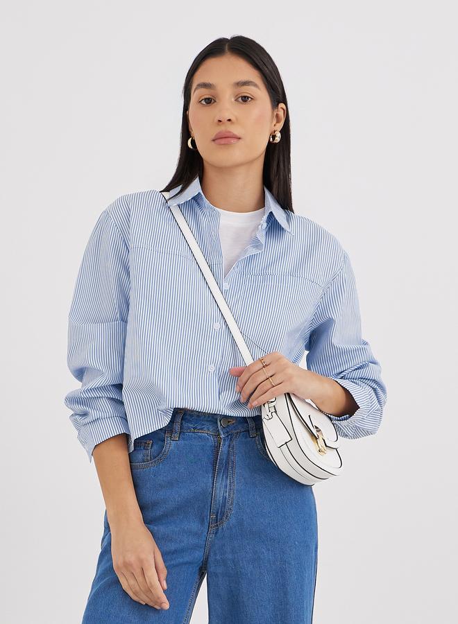 Styli Women Blue Striped High-Low Hem Shirt - Image 1