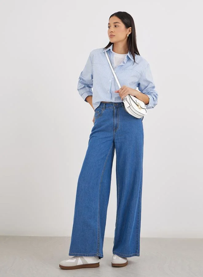 Styli Blue Women Blue Striped High-Low Hem Shirt for Women | Best Price UAE