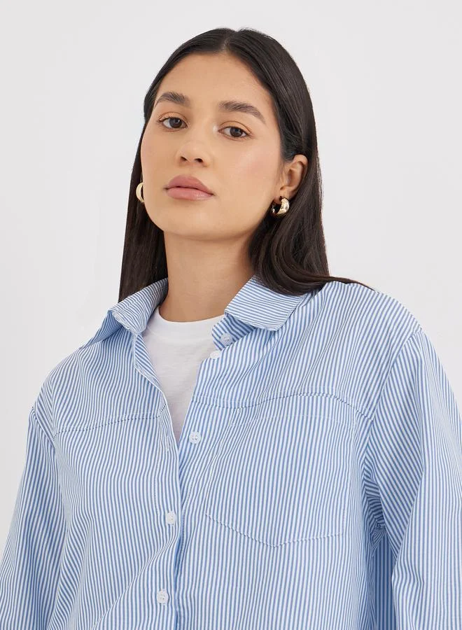 Styli Blue Women Blue Striped High-Low Hem Shirt for Women | Best Price UAE