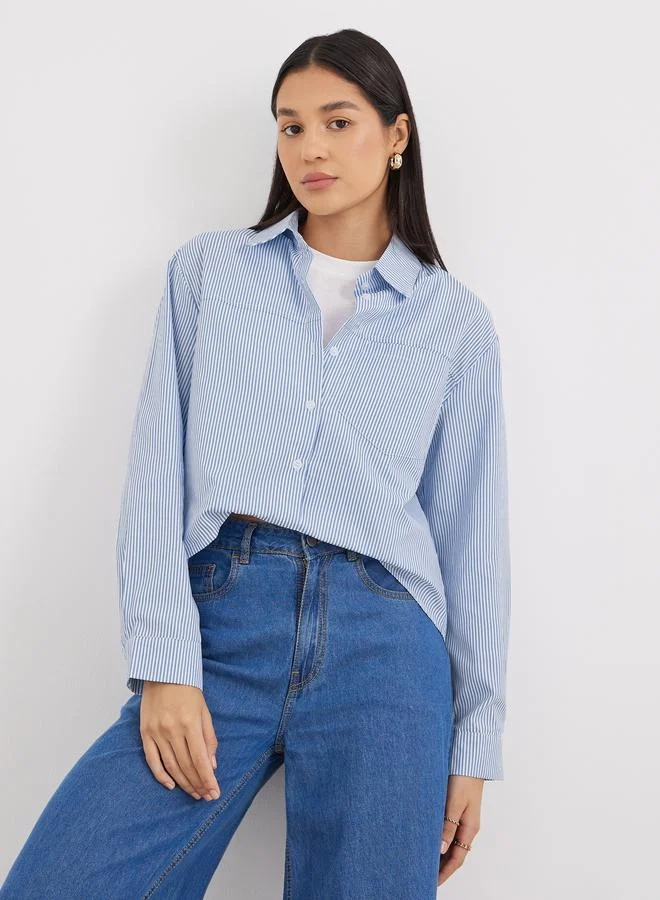 Women Blue Striped High-Low Hem Shirt