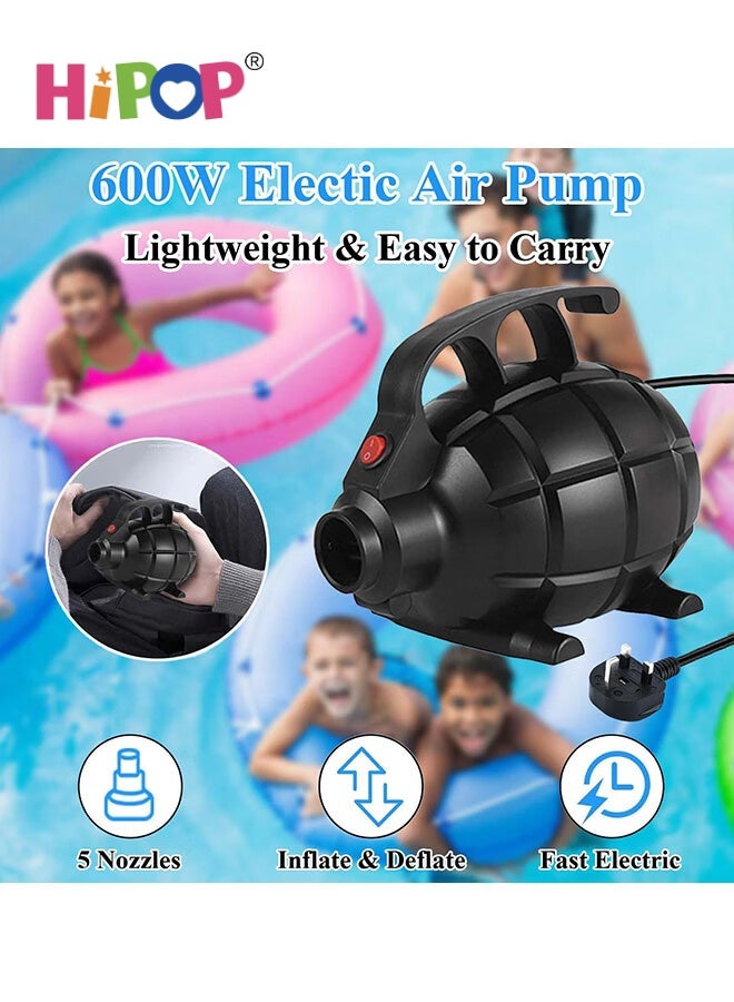 HIPOP Electric Air Pump for Inflatables with 5 Nozzles, AC (220V-240V), 600W, 510L/min, Portable Inflator/Deflator Pump for Air Mattress, Swimming Rings, Airbeds, Rafts, Inflatable Sofas (Black) - Image 2