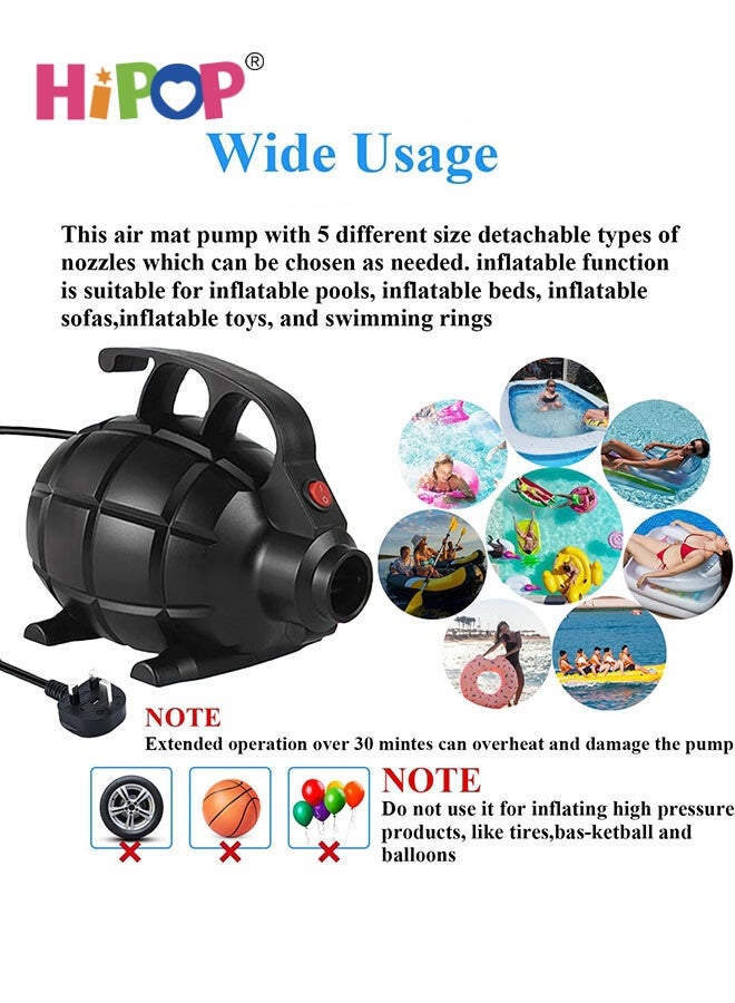 HIPOP Electric Air Pump for Inflatables with 5 Nozzles, AC (220V-240V), 600W, 510L/min, Portable Inflator/Deflator Pump for Air Mattress, Swimming Rings, Airbeds, Rafts, Inflatable Sofas (Black) - Image 4