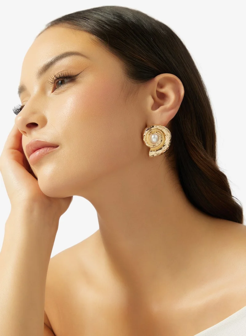 Ginger GOLD Chunky Asymmetical Gold Earrings With Pearl Detail for Women | Best Price UAE