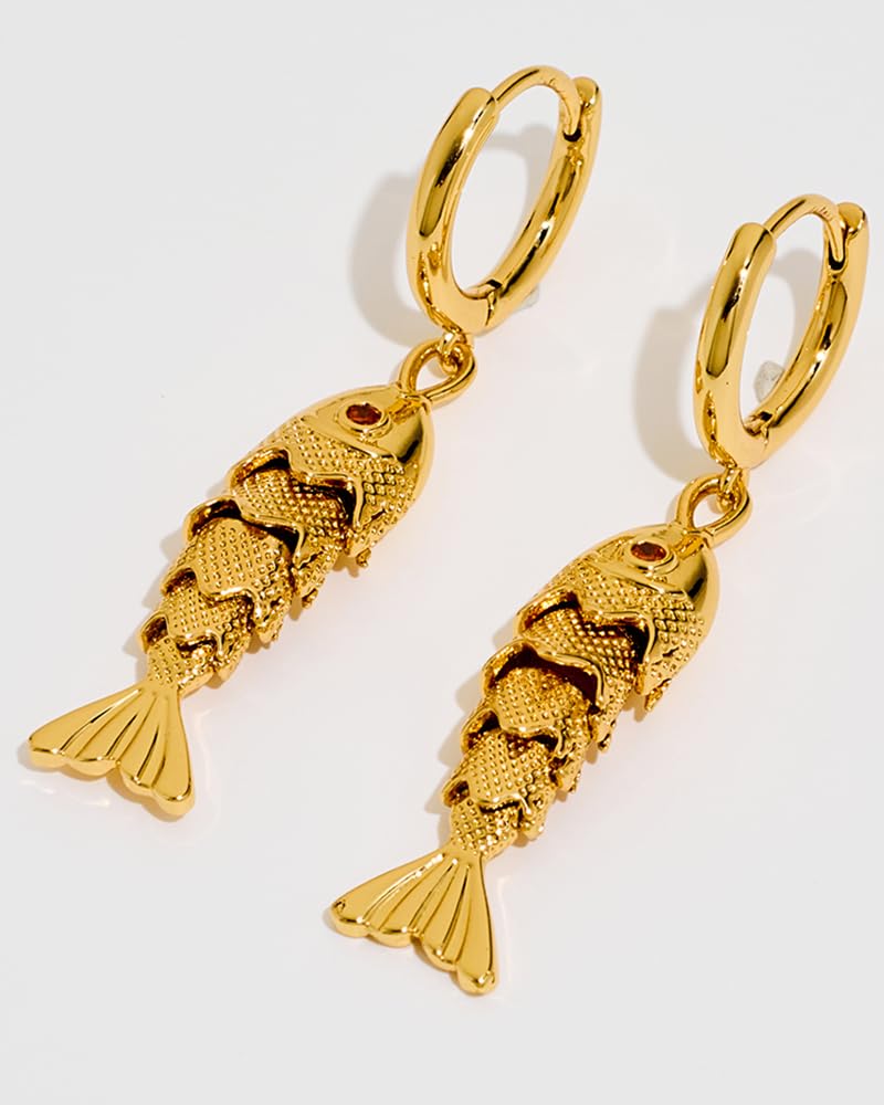 FAUTHENTICUTE 14K Gold Fish Dangle Earrings For Women Small Gold Huggie Hoop With A Movable Koi Fish Charm Summer Boho Jewelry Gift - Image 4