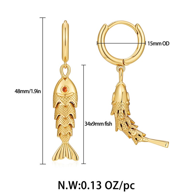 FAUTHENTICUTE 14K Gold Fish Dangle Earrings For Women Small Gold Huggie Hoop With A Movable Koi Fish Charm Summer Boho Jewelry Gift - Image 5