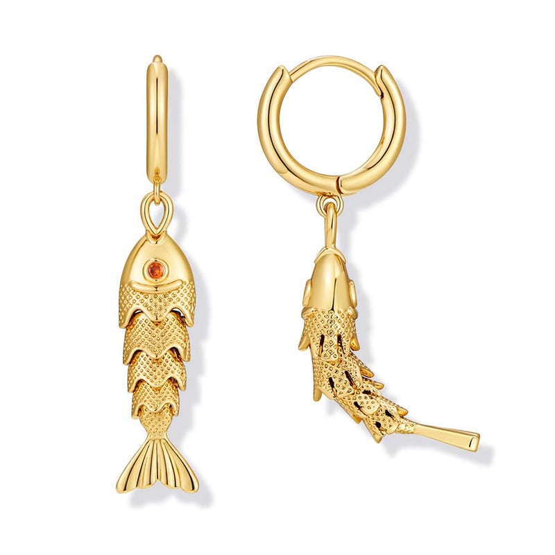 FAUTHENTICUTE 14K Gold Fish Dangle Earrings For Women Small Gold Huggie Hoop With A Movable Koi Fish Charm Summer Boho Jewelry Gift - Image 1