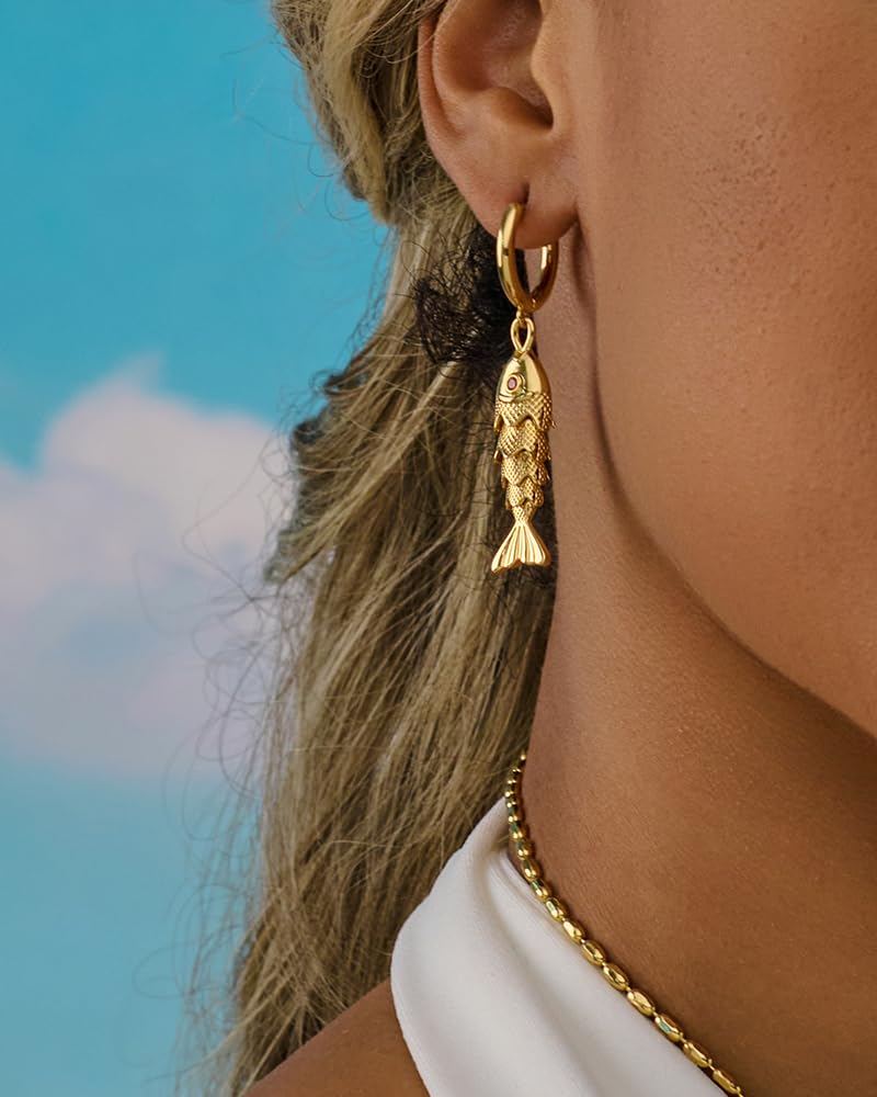 FAUTHENTICUTE 14K Gold Fish Dangle Earrings For Women Small Gold Huggie Hoop With A Movable Koi Fish Charm Summer Boho Jewelry Gift - Image 2