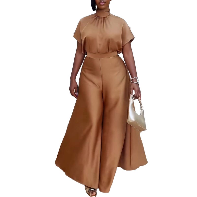 S10920 European and American satin silky strap flying sleeve wide leg two-piece set Brown - Image 1