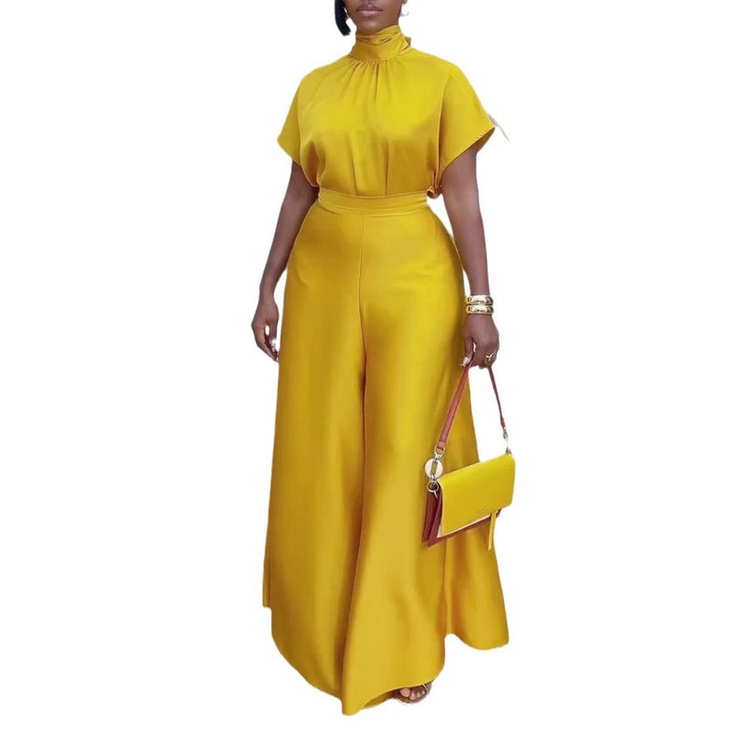 S10920 European and American satin silky strap flying sleeve wide leg two-piece set Brown - Image 3