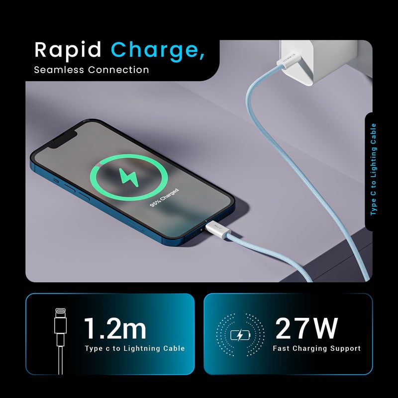 Hammer 27W Type-C to Lightning 8 Pin Nylon Braided Cable, 27W Fast Charging, 480Mbps High Speed Data Transfer & Durable Tangle Free Design, Compatible with iPhone, iPad, iMac, AirPods, 1.2M (Blue) - Image 2
