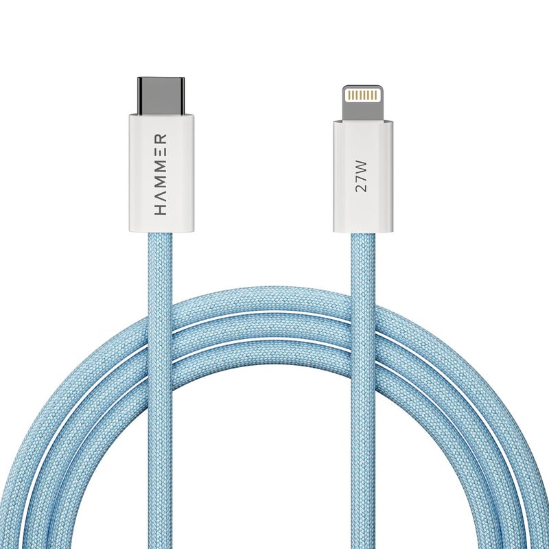 Hammer 27W Type-C to Lightning 8 Pin Nylon Braided Cable, 27W Fast Charging, 480Mbps High Speed Data Transfer & Durable Tangle Free Design, Compatible with iPhone, iPad, iMac, AirPods, 1.2M (Blue) - Image 1
