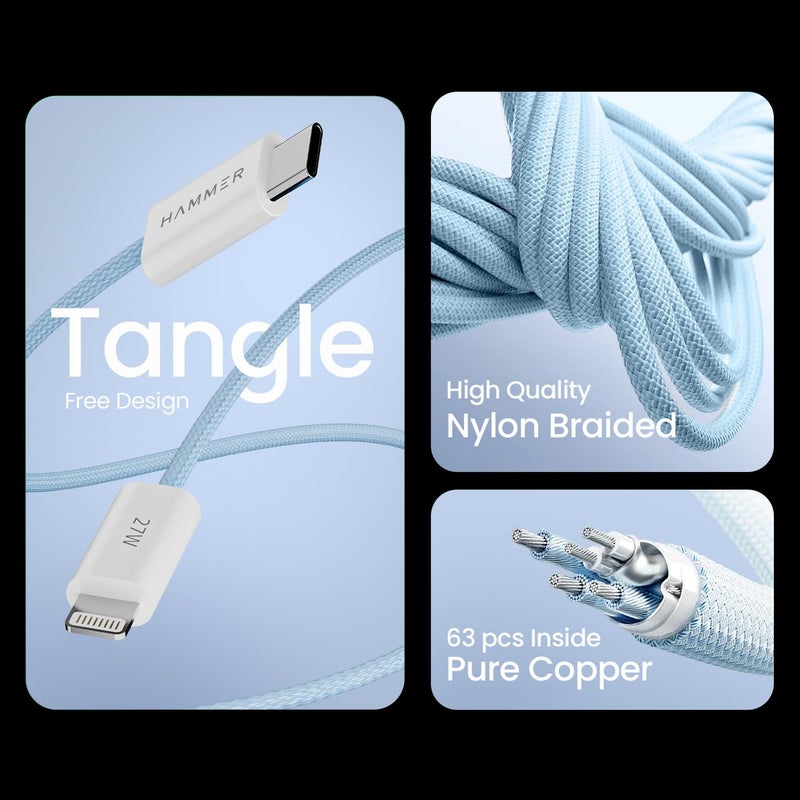 Hammer 27W Type-C to Lightning 8 Pin Nylon Braided Cable, 27W Fast Charging, 480Mbps High Speed Data Transfer & Durable Tangle Free Design, Compatible with iPhone, iPad, iMac, AirPods, 1.2M (Blue) - Image 5