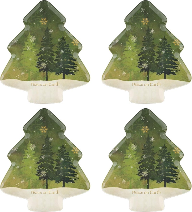 UP UPware Peace on Earth Christmas Tree Shaped Melamine Dinner Plates Festive Holiday Party Plates Christmas Decor for Festive Meals Snacks and Desserts Green 1075 x 95 Inch Set of 4 - Image 1
