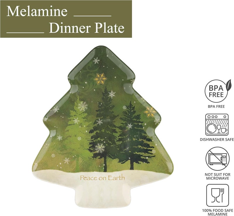 UP UPware Peace on Earth Christmas Tree Shaped Melamine Dinner Plates Festive Holiday Party Plates Christmas Decor for Festive Meals Snacks and Desserts Green 1075 x 95 Inch Set of 4 - Image 2