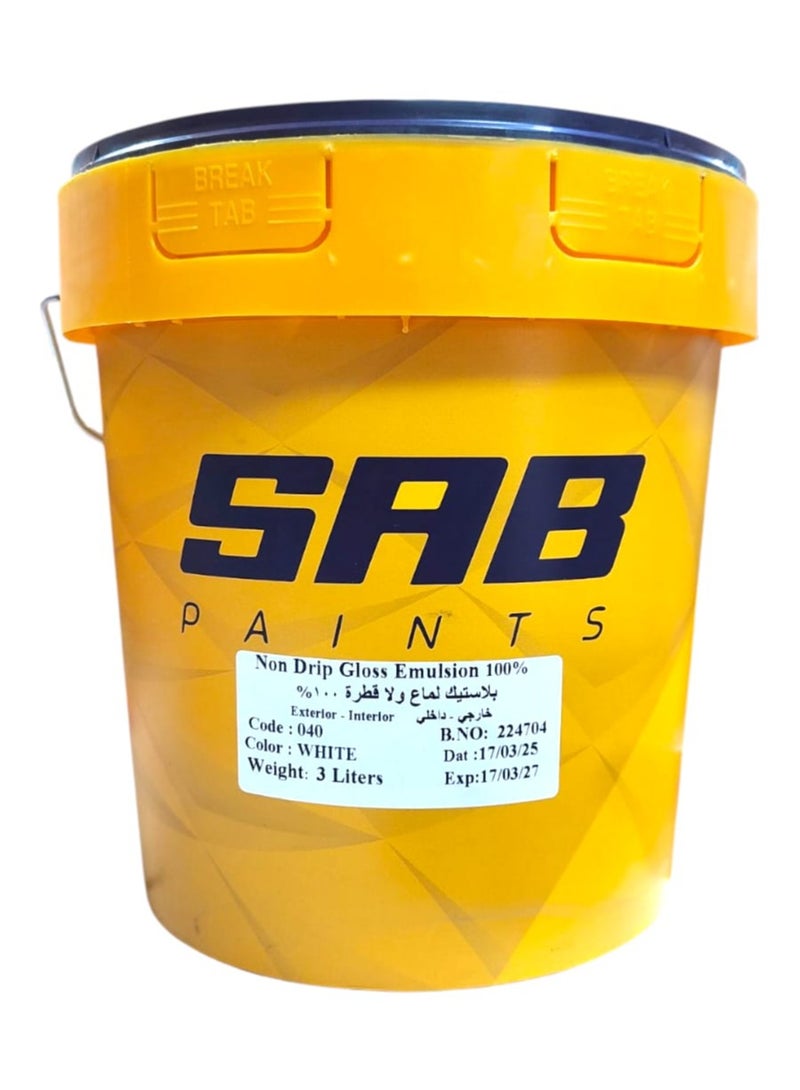 SAB Paints Non Drip Gloss Emulsion White, 3 Liters – Interior & Exterior Paint - Image 1