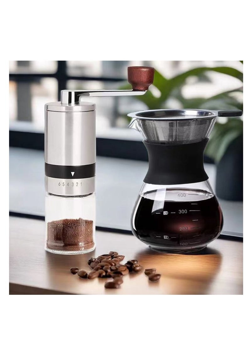 Generic Hand Ground Coffee Making Tools Set - Coffee Beans Grinder, 400ML Pour Over Coffee Maker with Reusable Stainless Steel Paperless Filter Dripper | Manual Coffee Powder Maker with Adjustable Coarseness  - Image 1