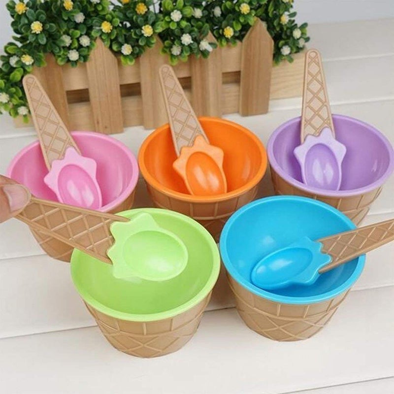 KPS New Plastic iceCream Cup Solid Ice Cream Cone Shape Bowl with Spoon Set 68 fl MulticolourPack of 2 - Image 2