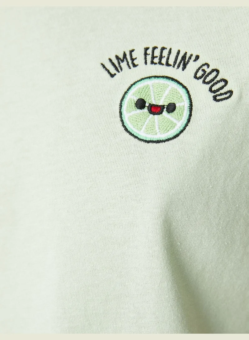 KOTON Embroidered Crew Neck Short Sleeve T-Shirt