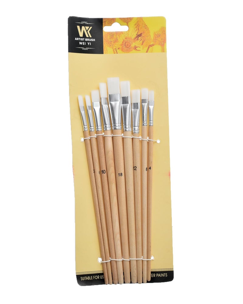 WK Model A0427F Flat Brush Set - 9 Pieces Sizes 2-16, Synthetic Bristles for Acrylic and Watercolor Painting, Durable Handles - Assorted - Image 1