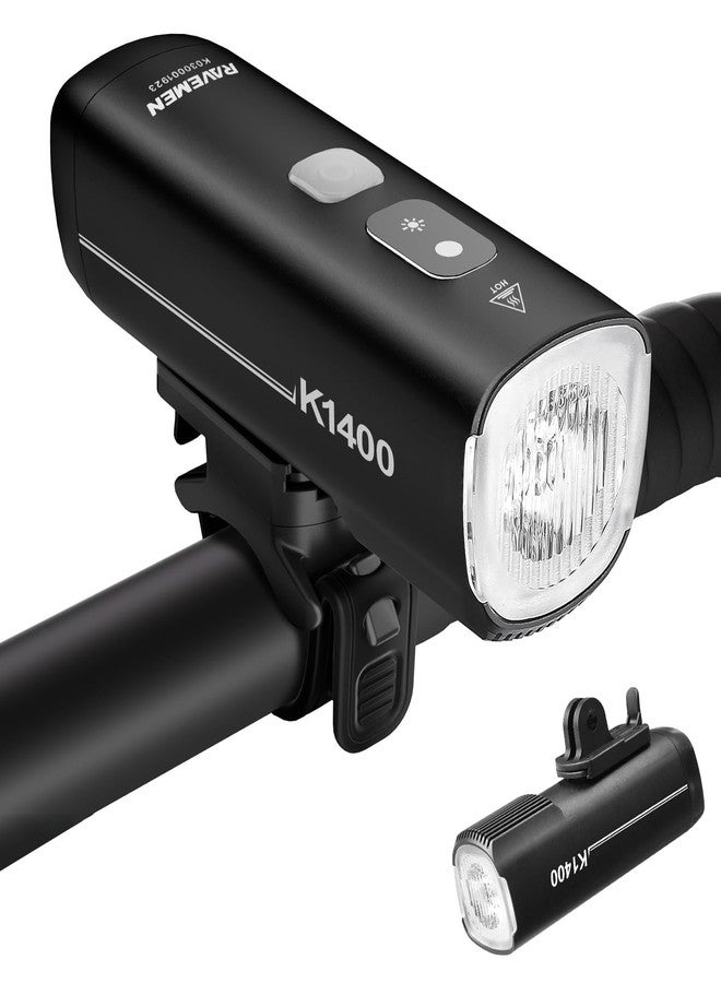 RAVEMEN K1400 Bike Headlight, 1400 Lumen Bike Front Light with Auto ON/Off and Sensor for High/Low Ambient Light IPX7 Waterproof USB C for Day Night Riding, 2 Mounting Options - Image 1