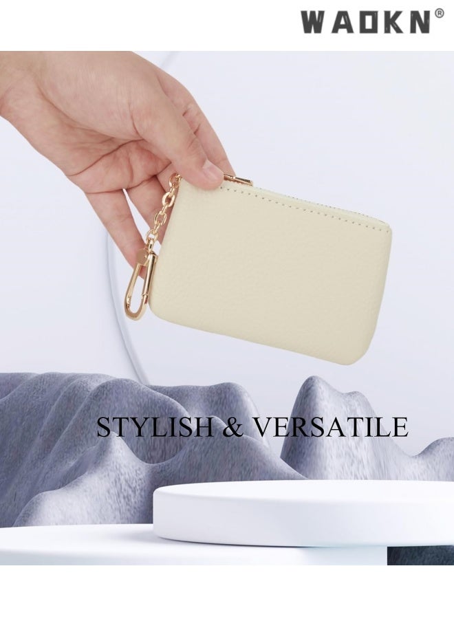 WAOKN Full Grain Leather Coin Purse With Key Chain - Small Change Purse Card Holder Keychain Pouch Wallet for Women and Men ,Mini ultra-thin storage wallet,Waterproof, ultra light, wear-resistant,11*7*1.5cm,white. - Image 2