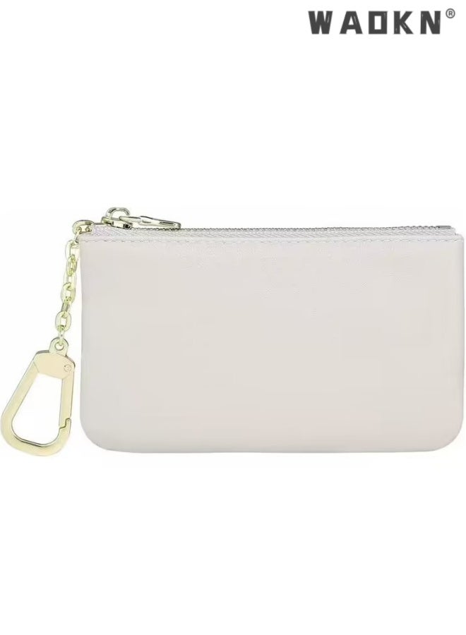 WAOKN Full Grain Leather Coin Purse With Key Chain - Small Change Purse Card Holder Keychain Pouch Wallet for Women and Men ,Mini ultra-thin storage wallet,Waterproof, ultra light, wear-resistant,11*7*1.5cm,white. - Image 1